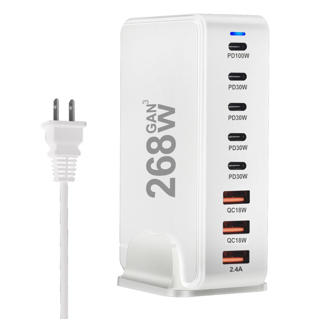 Chargeur GaN 268W à 8 ports – Puissance maximale pour smartphones, tablettes et ordinateurs
