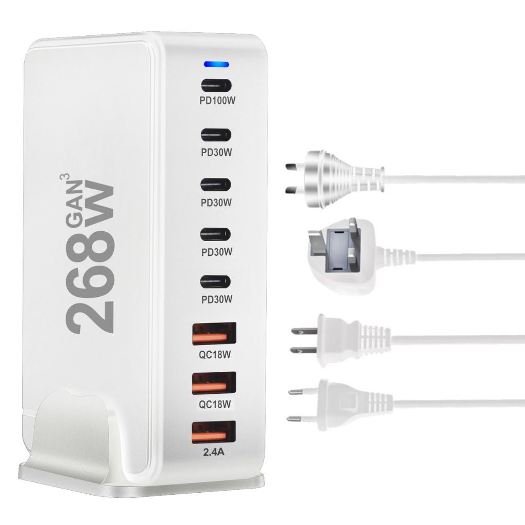 Chargeur GaN 268W à 8 ports – Puissance maximale pour smartphones, tablettes et ordinateurs
