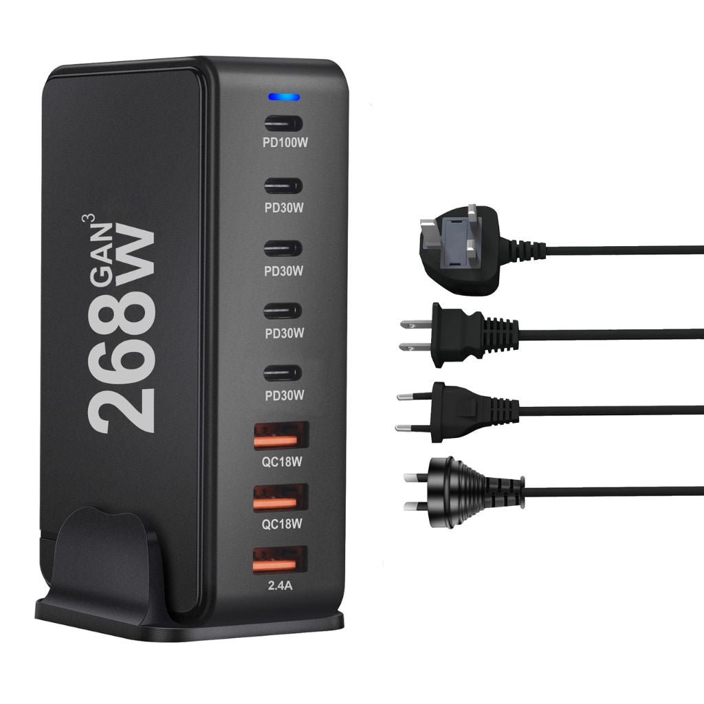Chargeur GaN 268W à 8 ports – Puissance maximale pour smartphones, tablettes et ordinateurs