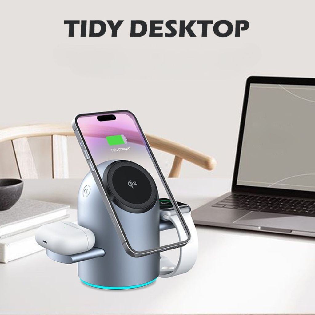 Chargeur 3-en-1 Qi2 MagSafe avec support rotatif automatique – Rechargement optimal et design élégant