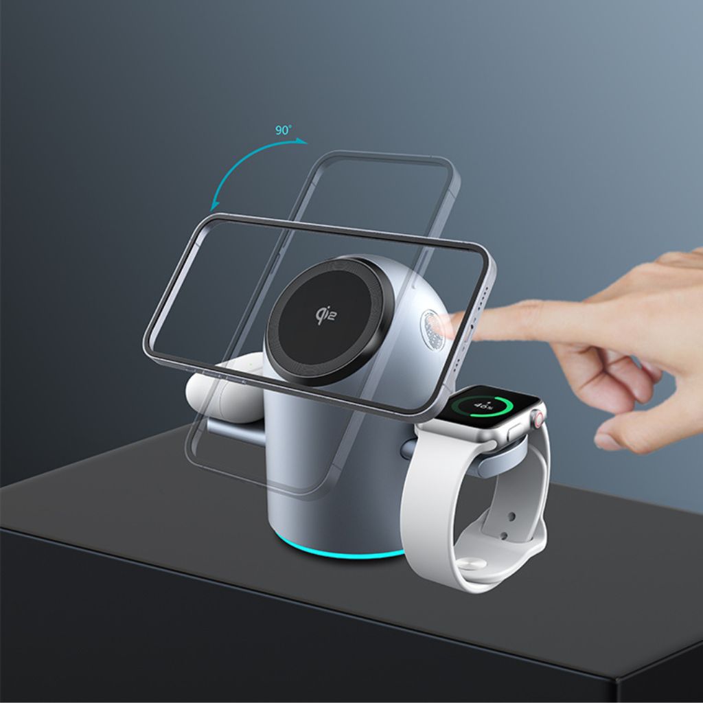 Chargeur 3-en-1 Qi2 MagSafe avec support rotatif automatique – Rechargement optimal et design élégant