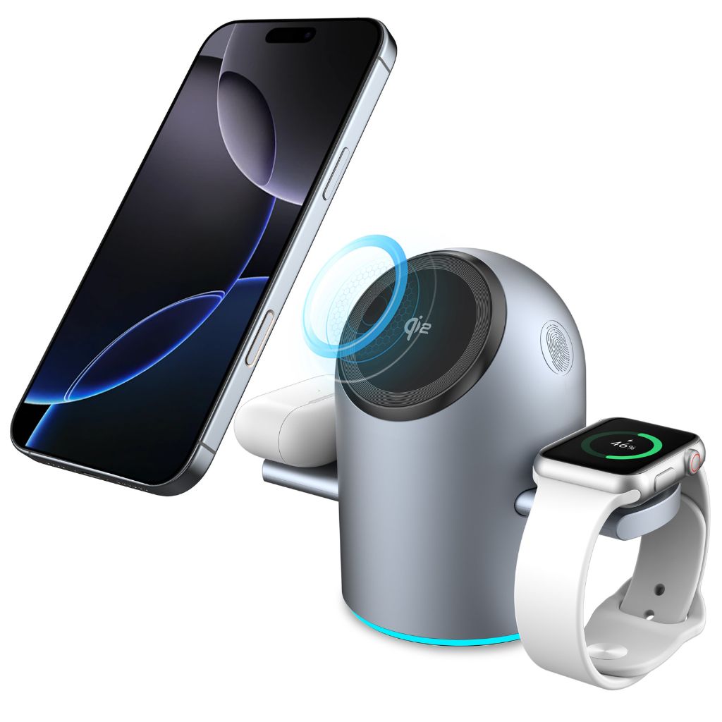 Chargeur 3-en-1 Qi2 MagSafe avec support rotatif automatique – Rechargement optimal et design élégant