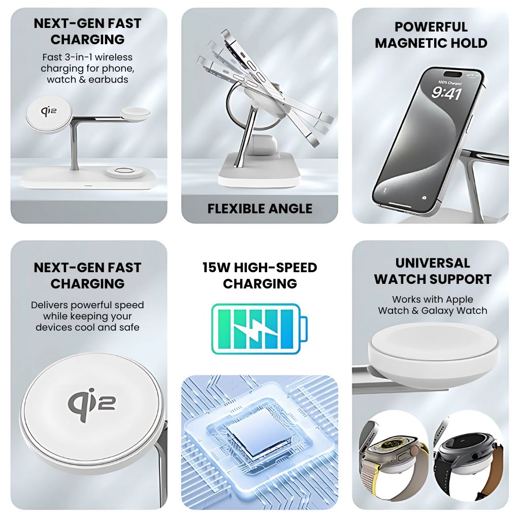Station de charge 3-en-1 Qi2 – Recharge rapide et sécurisée pour vos appareils